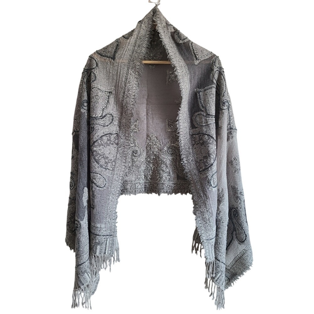 Nalini Gray Beaded Wool Scarf with Fringe‎